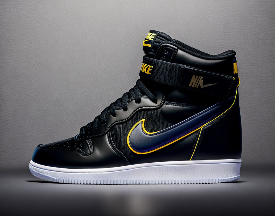 Black and Yellow Nike High-Top Sneaker on Gray Background