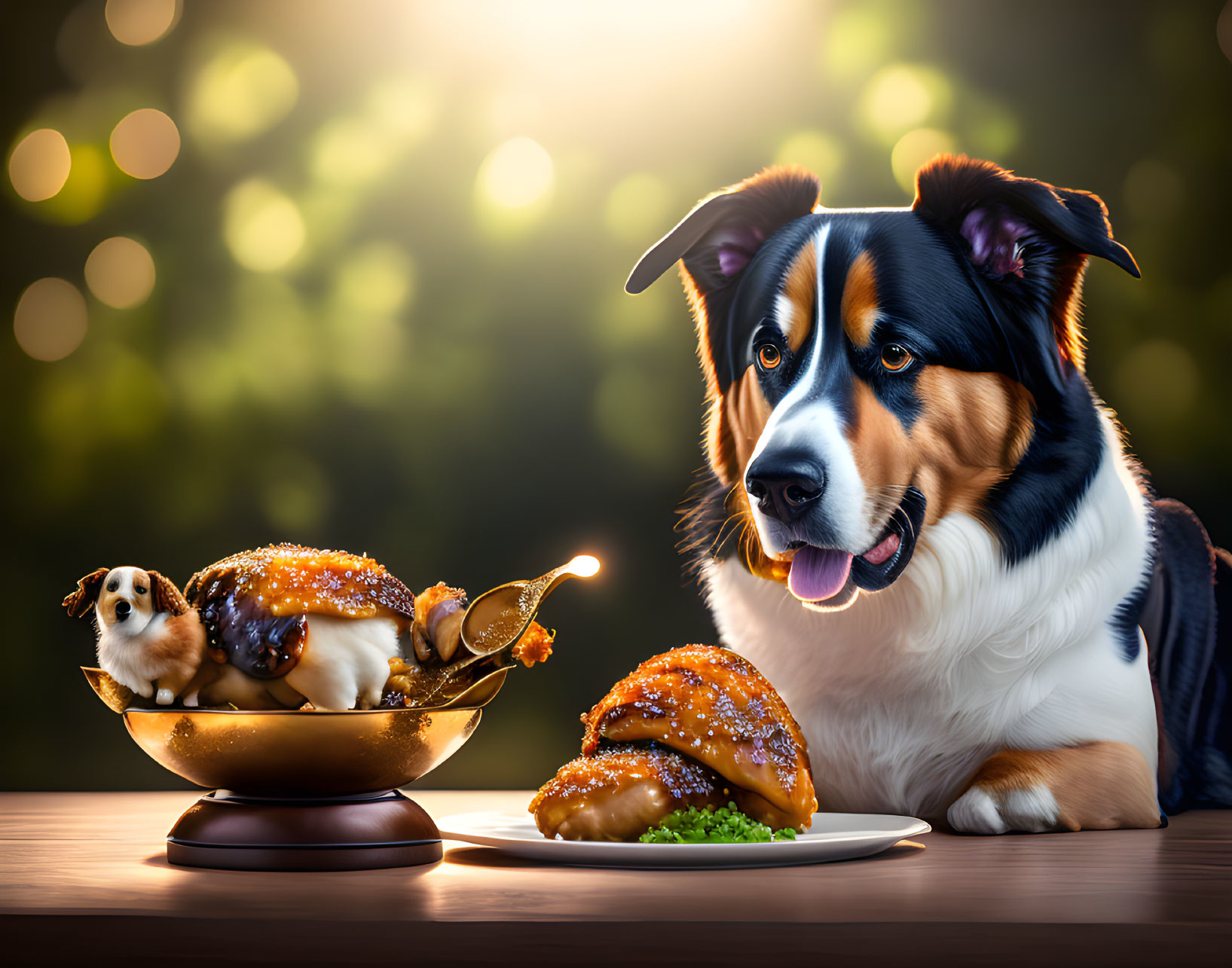 Tricolor Border Collie dog with food-shaped plates in bokeh background