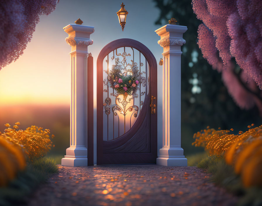 Floral-patterned wooden gate flanked by stone pillars at sunset