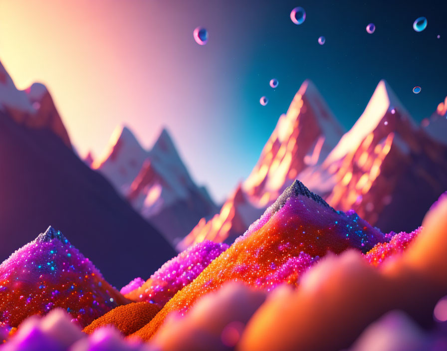 Colorful Landscape with Snowy Peaks and Floating Bubbles at Dusk