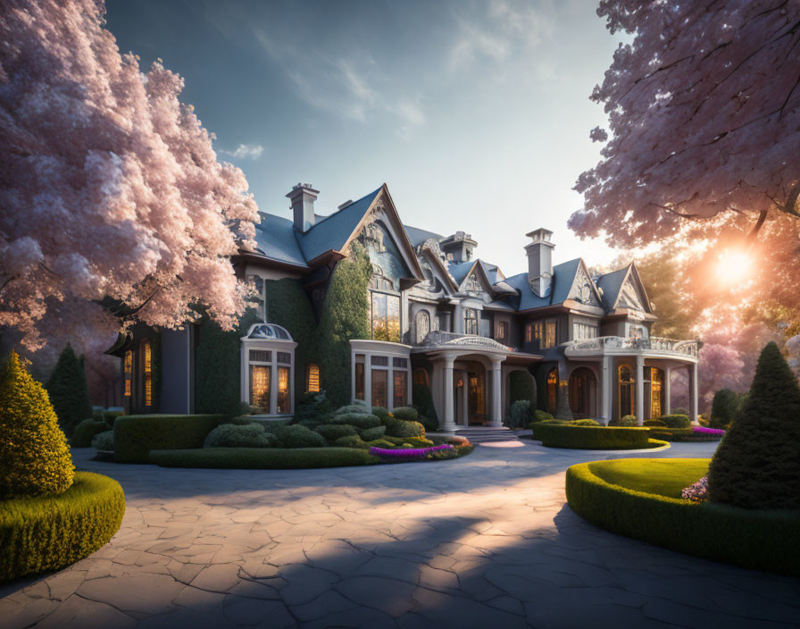 Luxurious multi-story house with stone pathway, manicured gardens, and blooming cherry blossom trees in