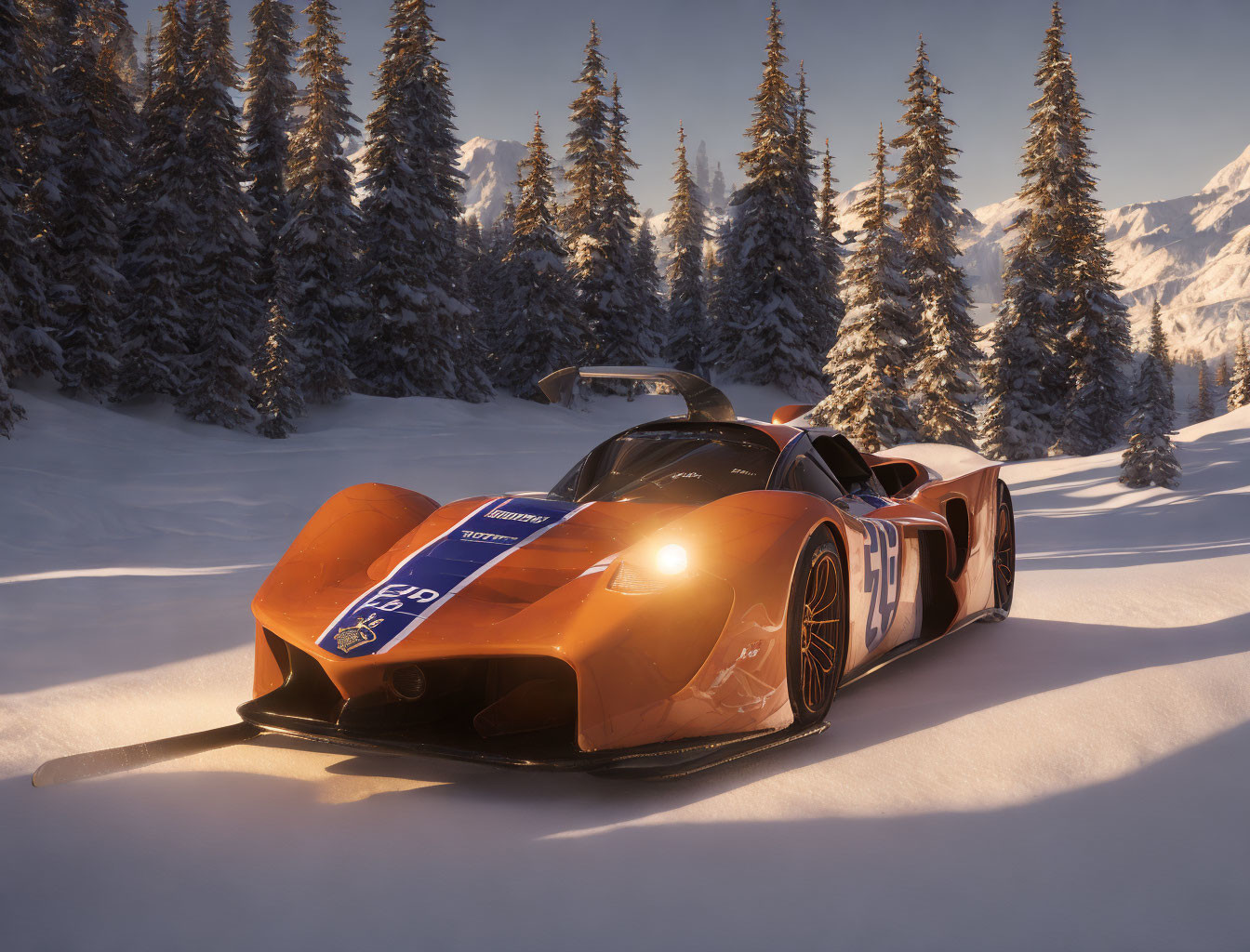 Racing car with number 59 in snowy mountain landscape