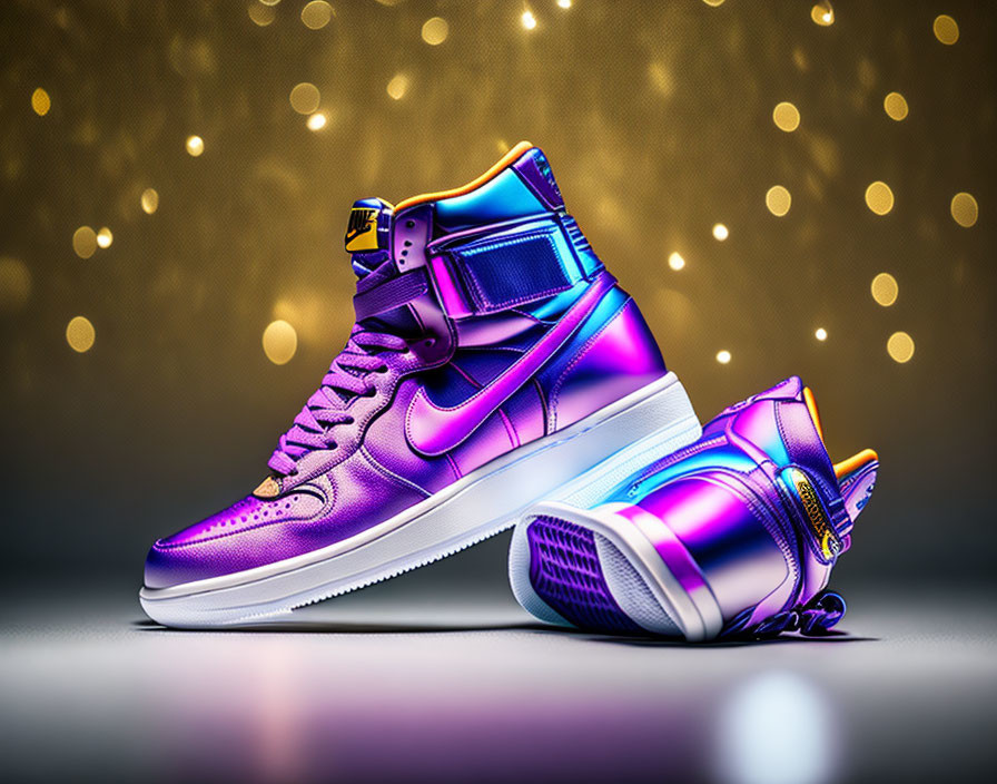 Purple High-Top Sneakers on Sparkling Gold Background