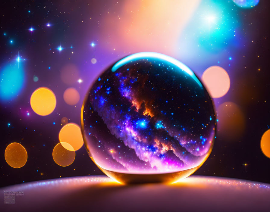 Colorful cosmic image with reflective sphere and starry galaxy backdrop