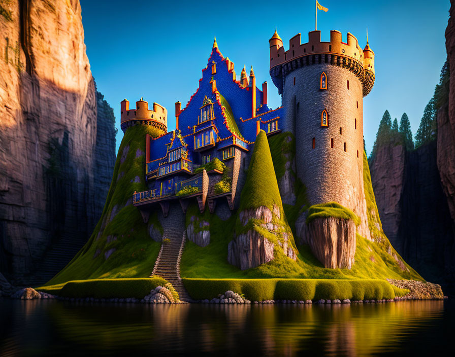 Majestic fantasy castle with vibrant blue rooftops on grassy hill surrounded by cliffs