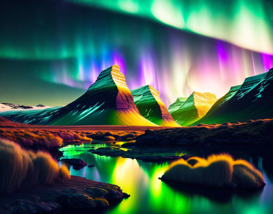 Majestic aurora borealis above tranquil river and mountain range