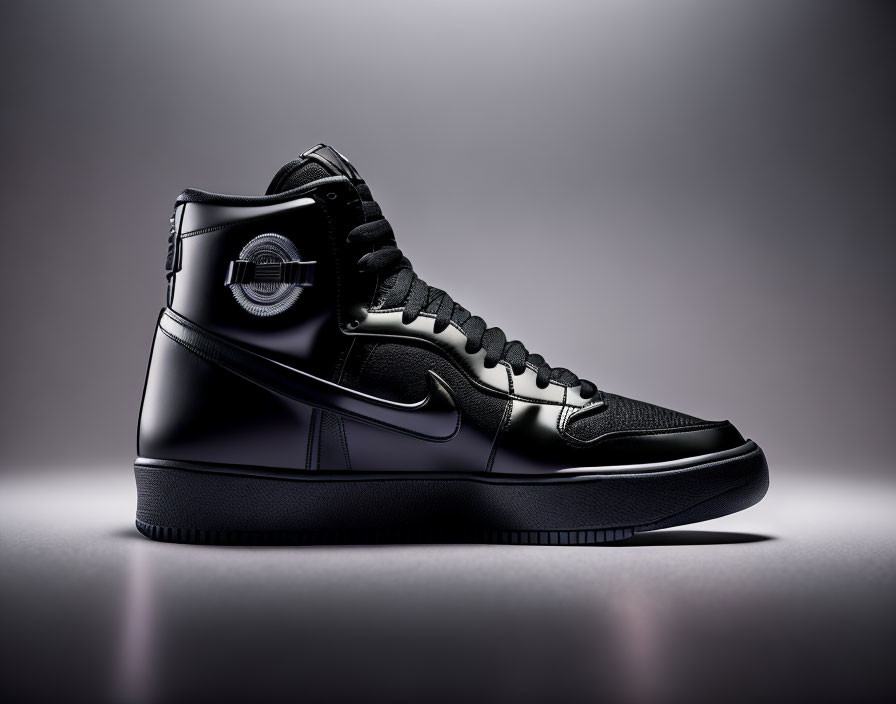 Black high-top sneaker with glossy finish and swoosh logo design.