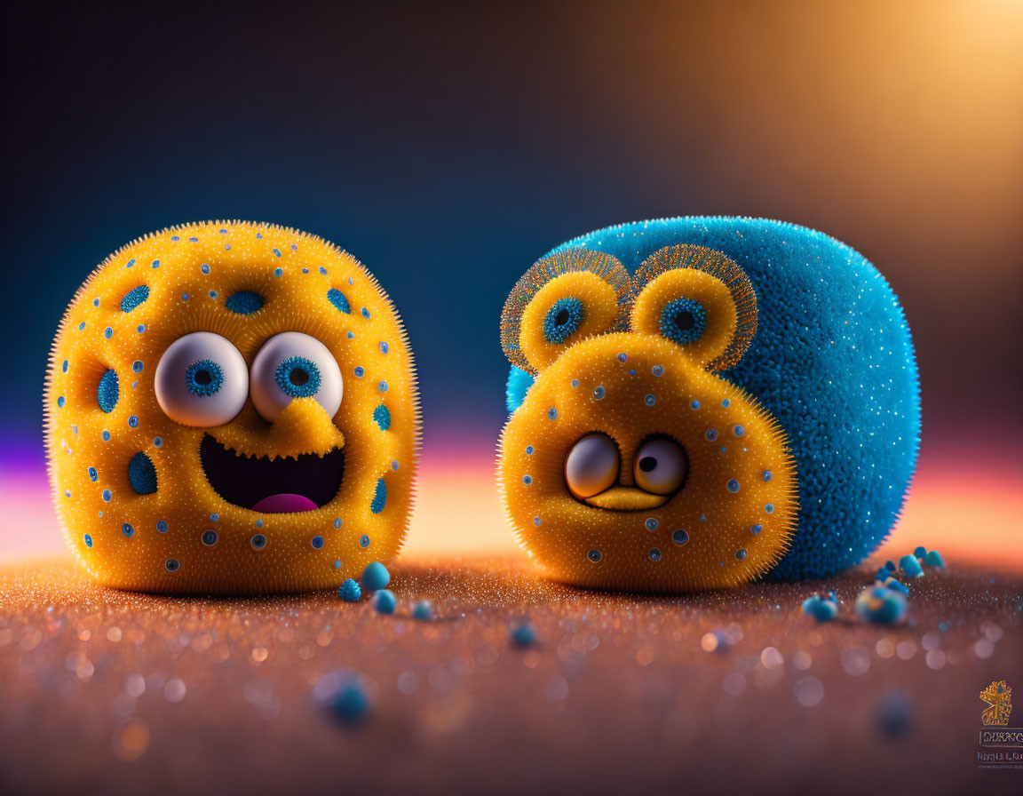 Colorful Anthropomorphic Sponge Characters on Speckled Surface with Warm Background