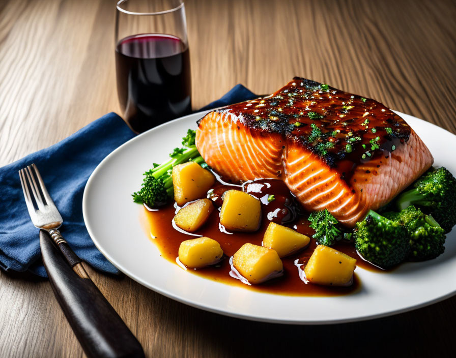 Grilled Salmon Fillet with Glaze and Sides on Wooden Table