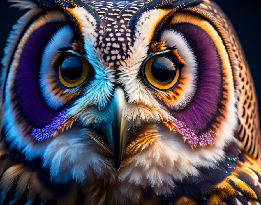 Colorful Owl with Orange Eyes and Intricate Plumage