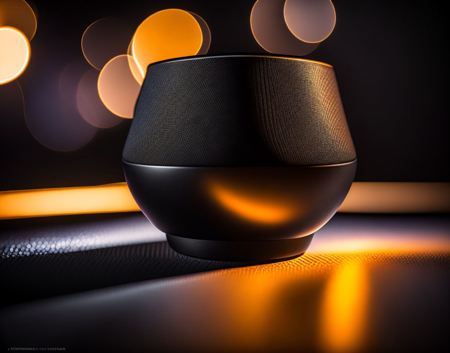 Black Textured Smart Speaker Illuminated by Warm Glow