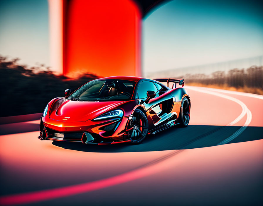 Vibrant red and black sports car on curved track with motion blur