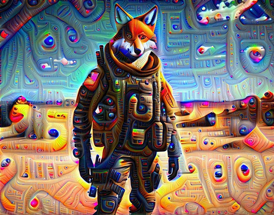 Picasso fox in military suit in the desert