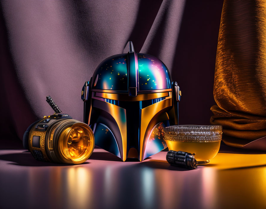 Galaxy-themed helmet, spherical droid, glowing cocktail on reflective surface