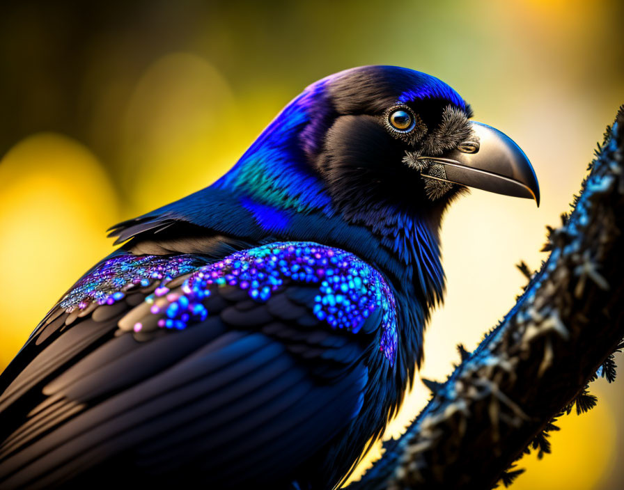 Vibrant blue and purple raven perched on branch with blurred golden background