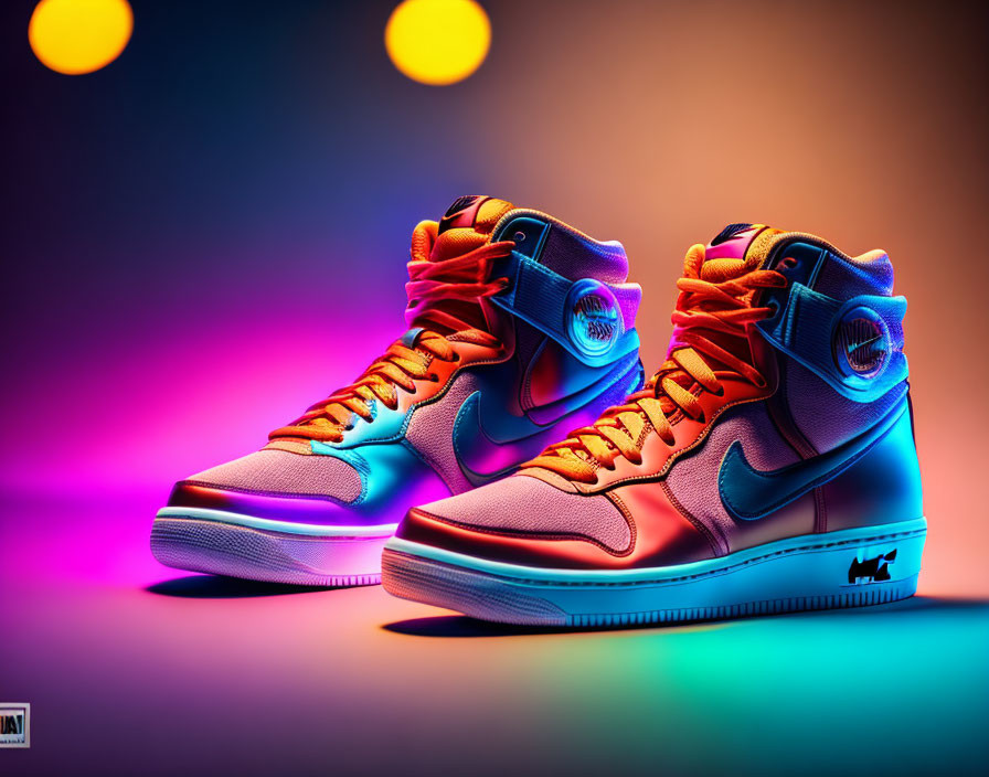 Colorful high-top sneakers with blue and pink hues and logos on warm background