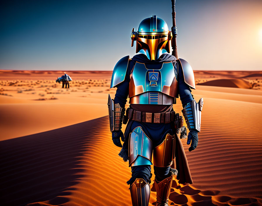 Futuristic armored person in desert at sunset with distant figures