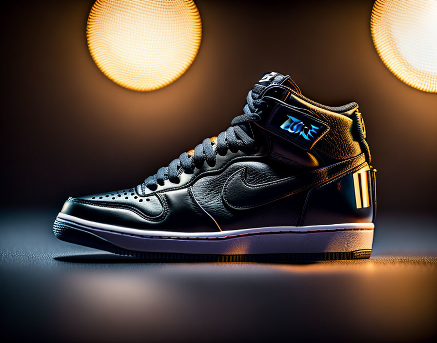 Black High-Top Sneaker with Blue Accents on Dark Background