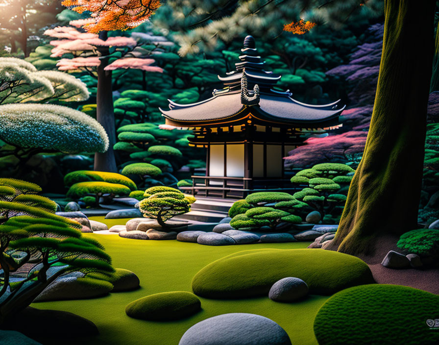 Japanese Garden Dusk Scene with Pagoda and Vibrant Trees