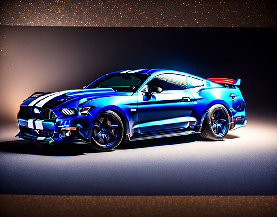 Blue and Black Striped Custom Ford Mustang with Neon Underglow