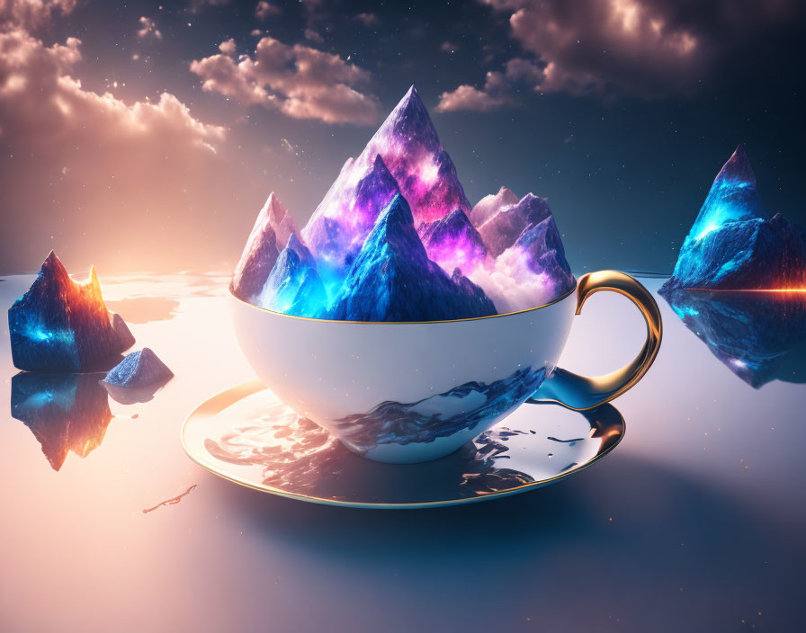 Surreal cup with luminous ice mountains under dramatic sky