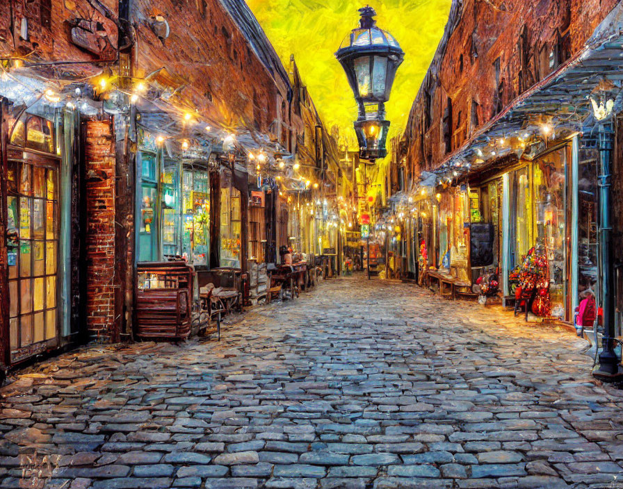 Twilight scene of cobblestone alley with hanging lights and vintage shops