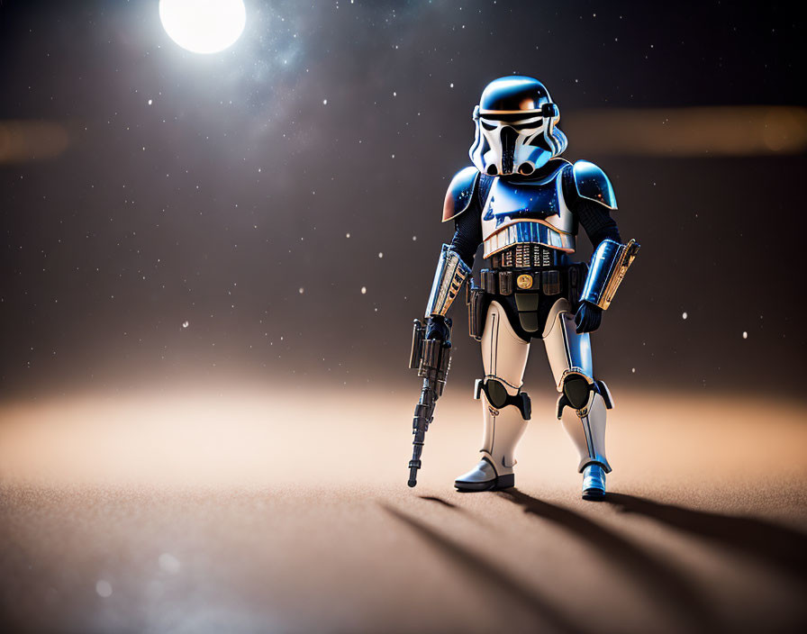 Toy Stormtrooper Figure Walking on Sandy Surface with Blaster, Backlit by Bright Sun