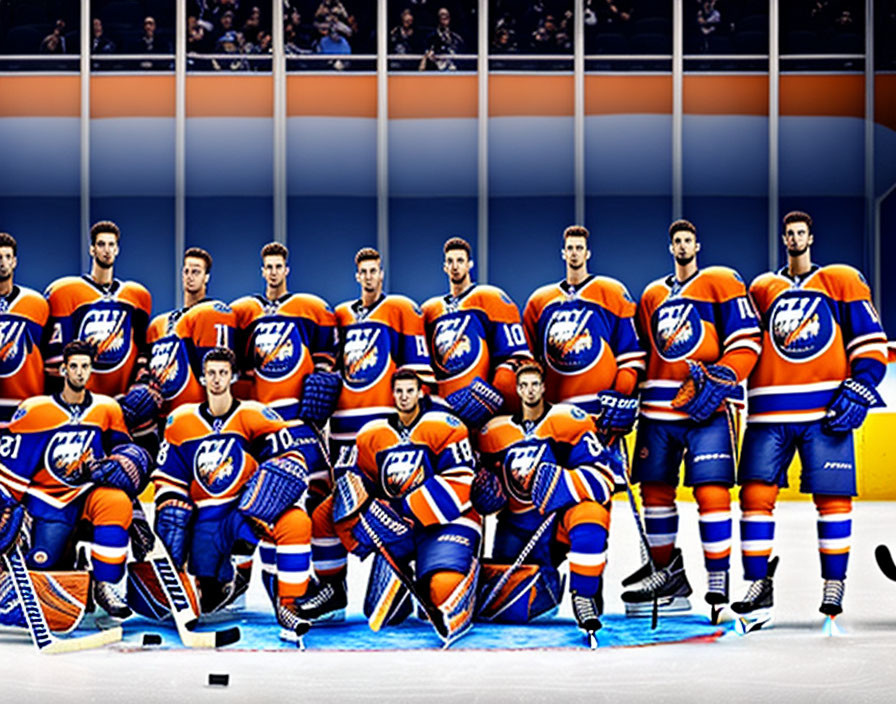 Ice Hockey Players in Blue and Orange Uniforms Posed for Team Photo