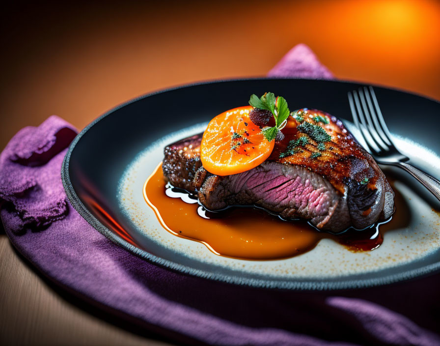 Grilled steak with citrus slice and sauce on dark plate