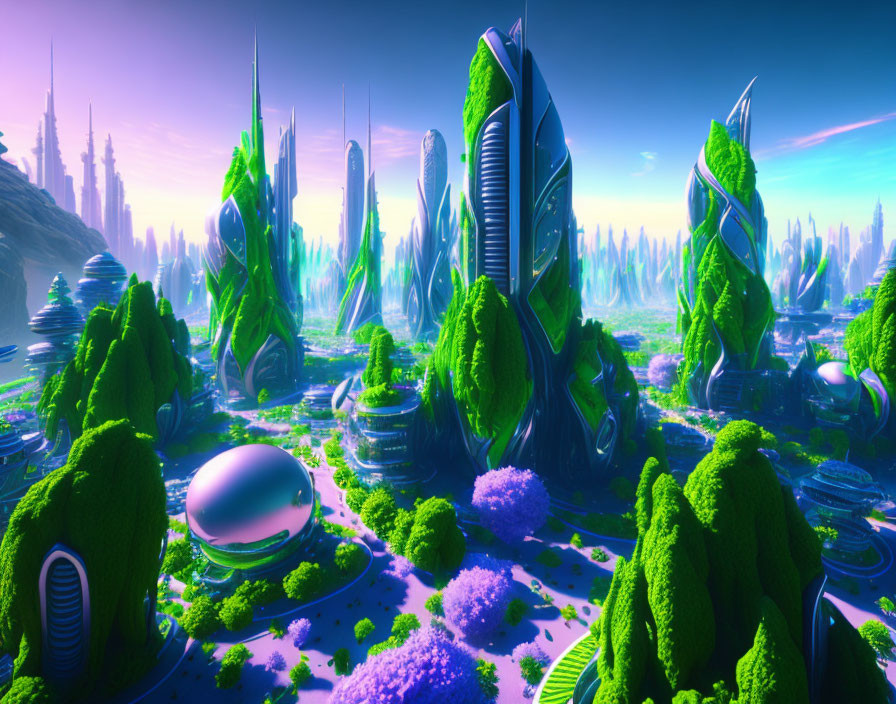 Futuristic cityscape with towering structures and surreal blue-green light