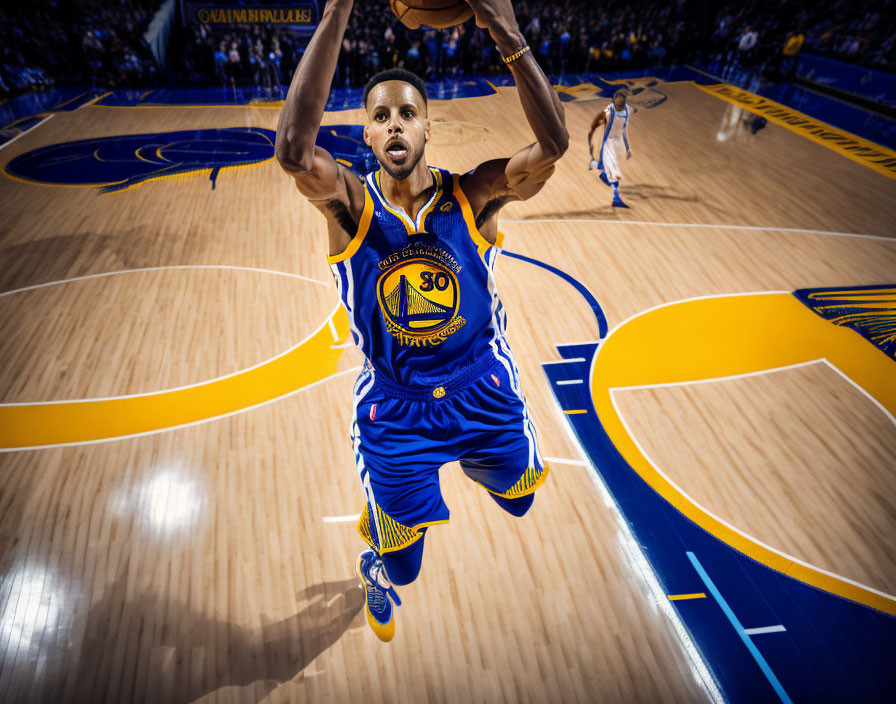 Basketball player in blue and yellow uniform shooting jump shot.