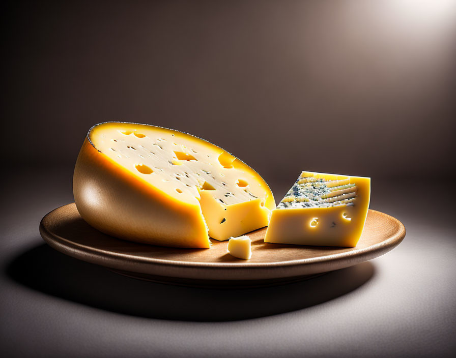 Yellow Cheese Wedge with Holes on Wooden Plate in Moody Backlit Setting