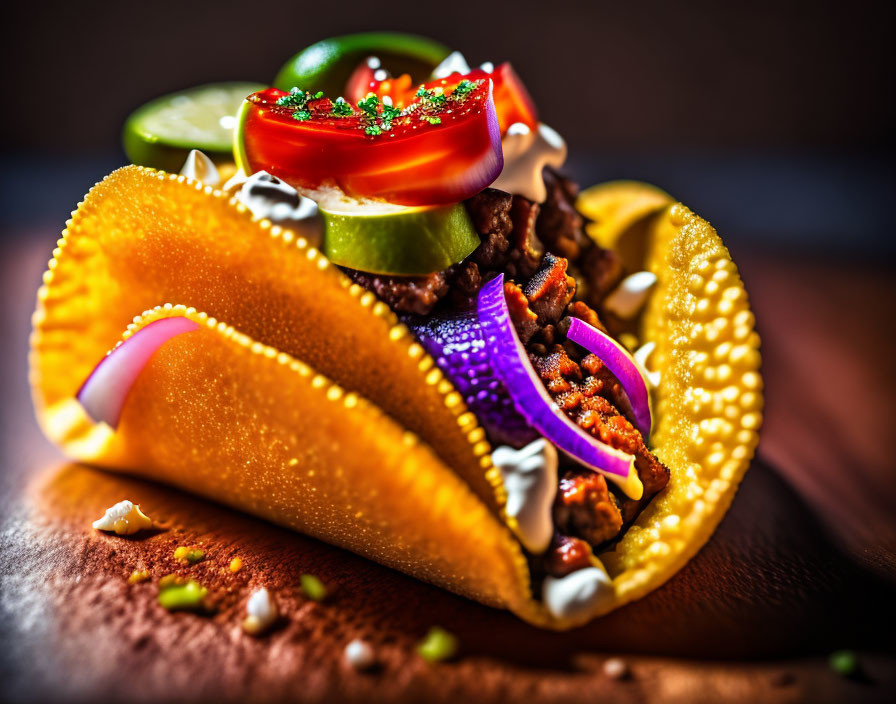 Succulent taco with seasoned meat, tomato, onion, lime, and cilantro on wooden surface