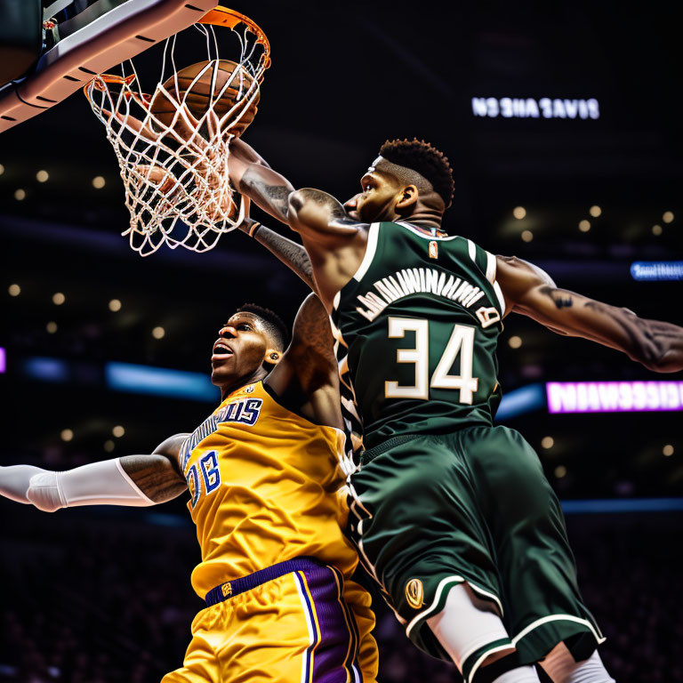 Basketball players in mid-air near hoop: one in gold jersey shooting, other in green defending