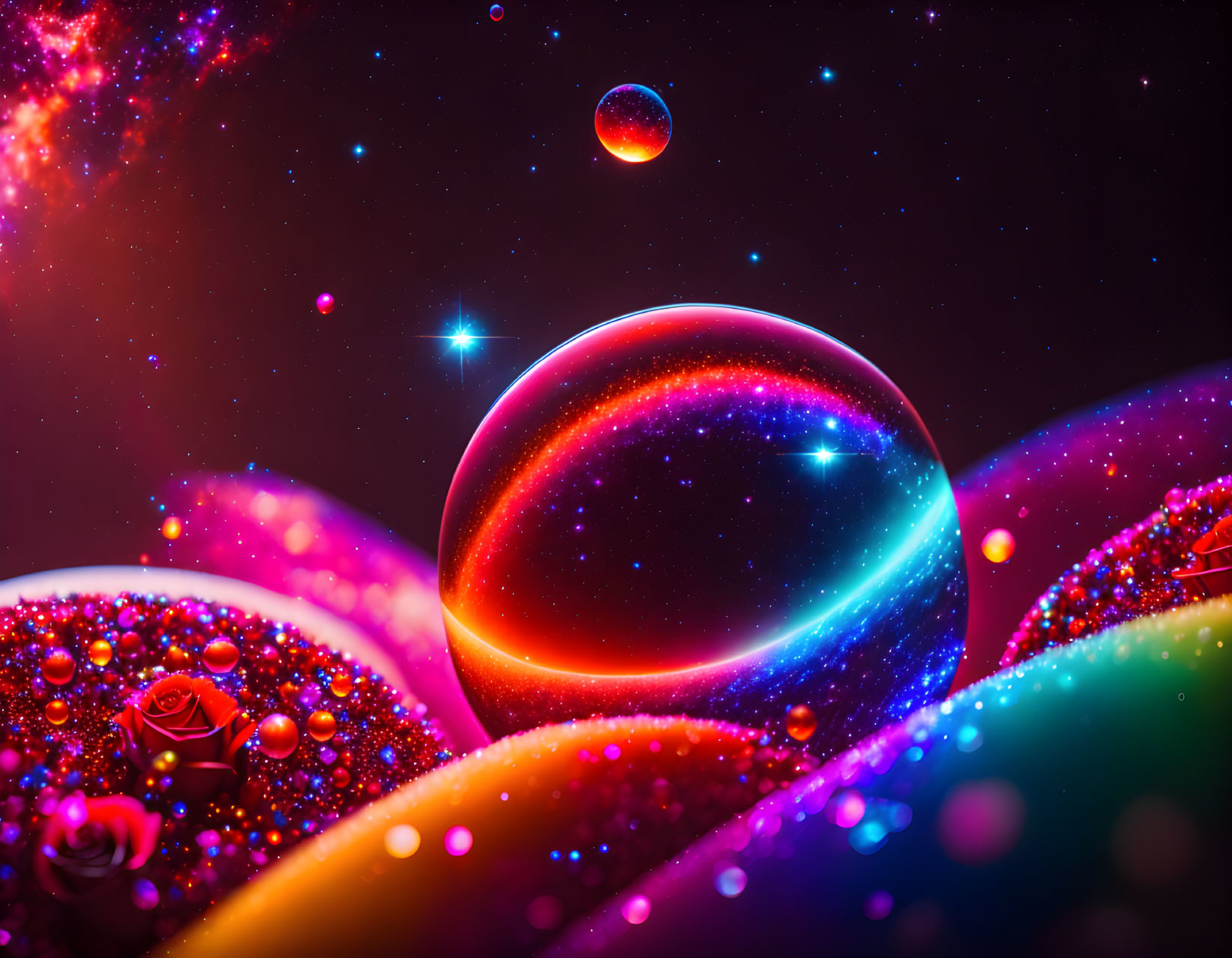 Colorful glowing spheres in vibrant cosmic scene