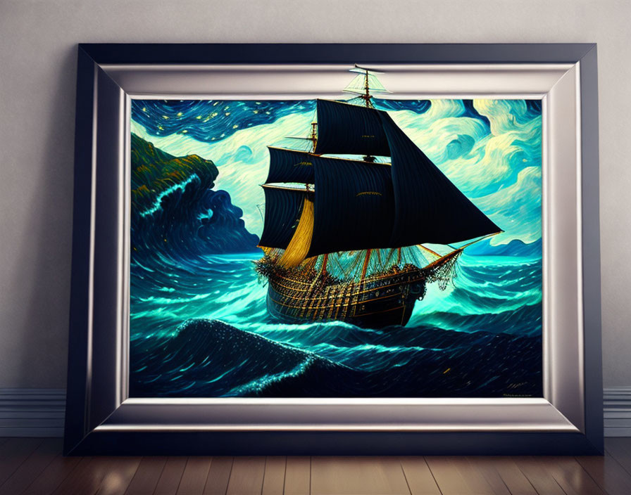 Framed painting: Ship at sea with stylized waves in blue and green