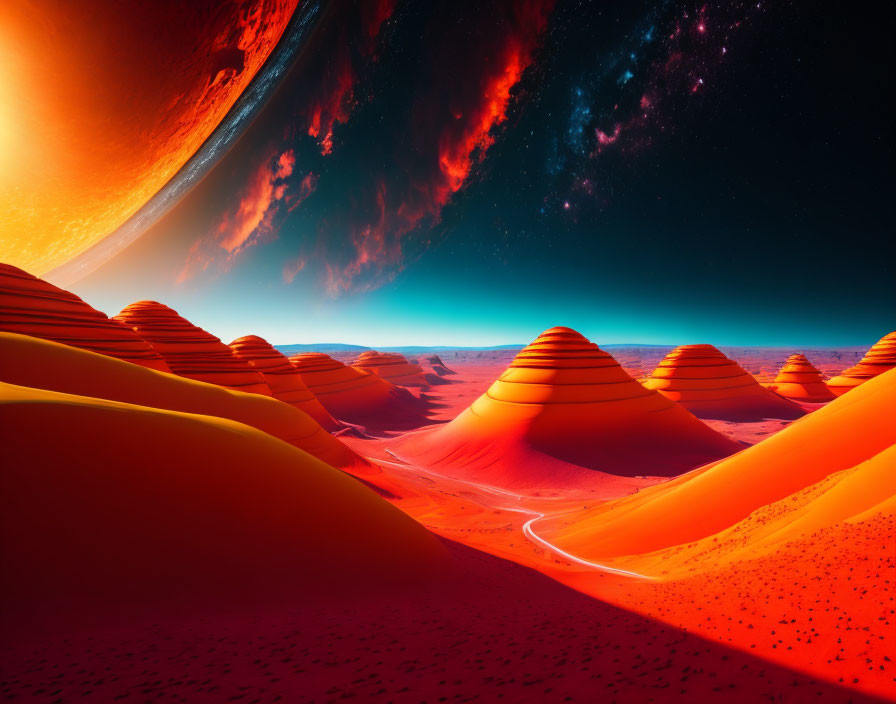 Cosmic sky over red-orange dunes with celestial bodies and large planet