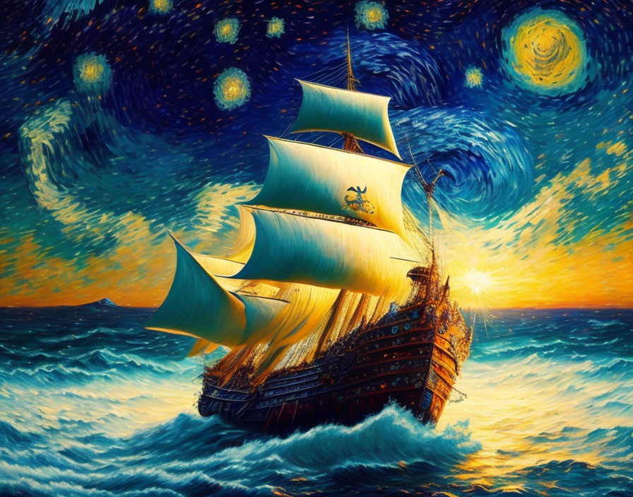 Vivid painting: sailing ship on tumultuous sea under swirling starry sky