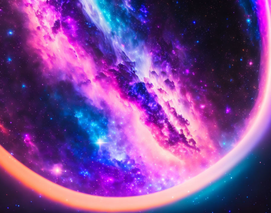 Colorful cosmic scene with purple, blue, and pink nebula.