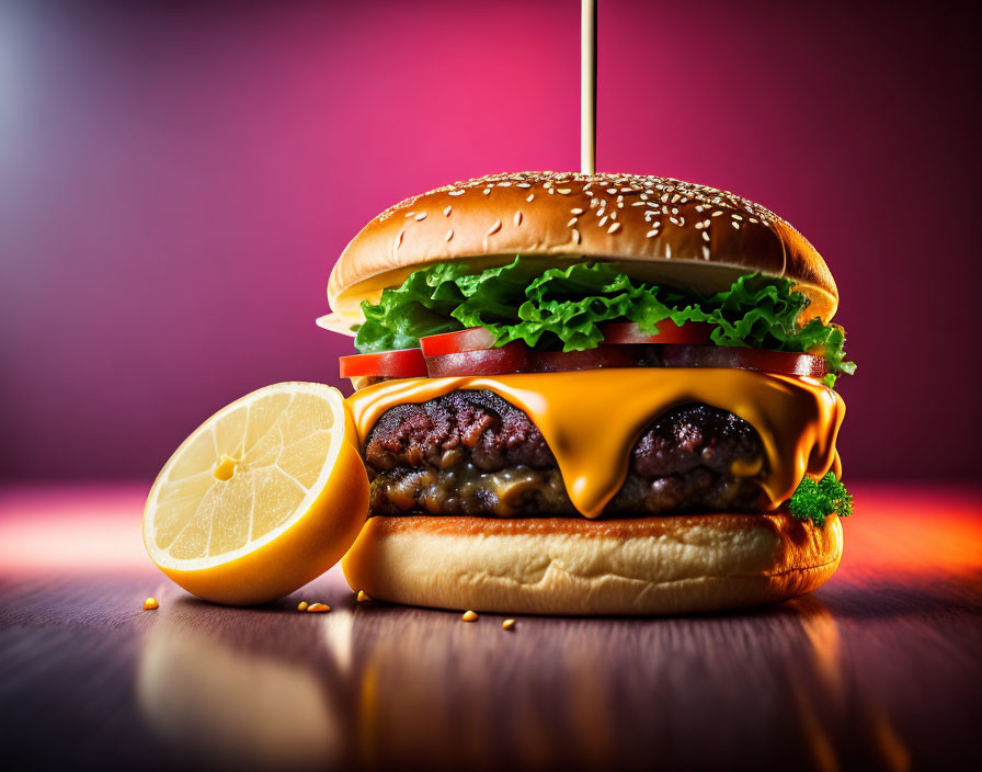 Cheeseburger with Lettuce, Tomato, Cheese, Lemon, and Parsley on Purple Background