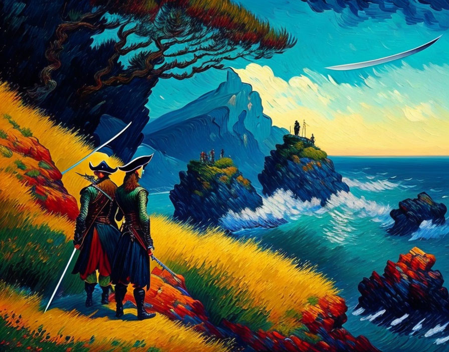 Samurai warriors by the sea under a crescent moon in vibrant landscape