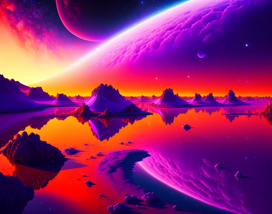 Alien planet with purple hues and ringed celestial bodies reflected on serene water.