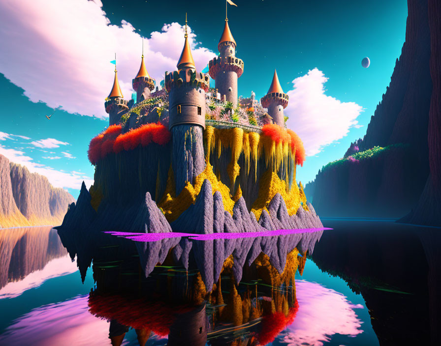 Fantasy castle with spires on floating island, waterfalls, purple sky, distant planets