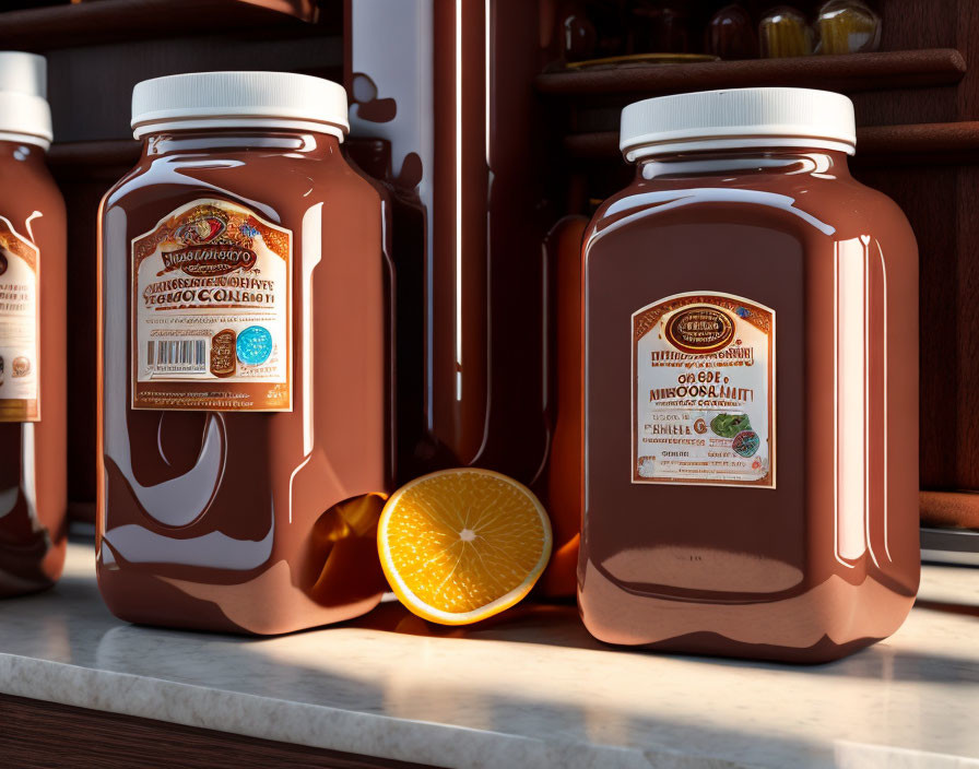 Brown honey jars and orange on wooden shelf with sunlight shadows