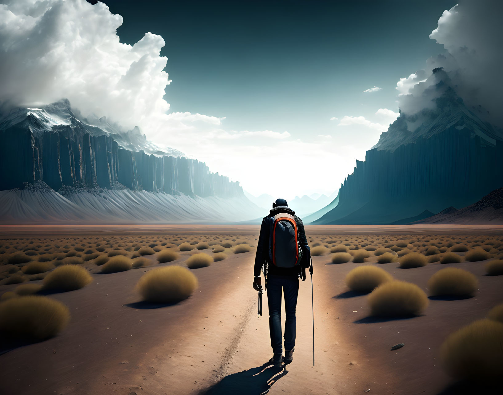 Hiker with red backpack in surreal desert landscape