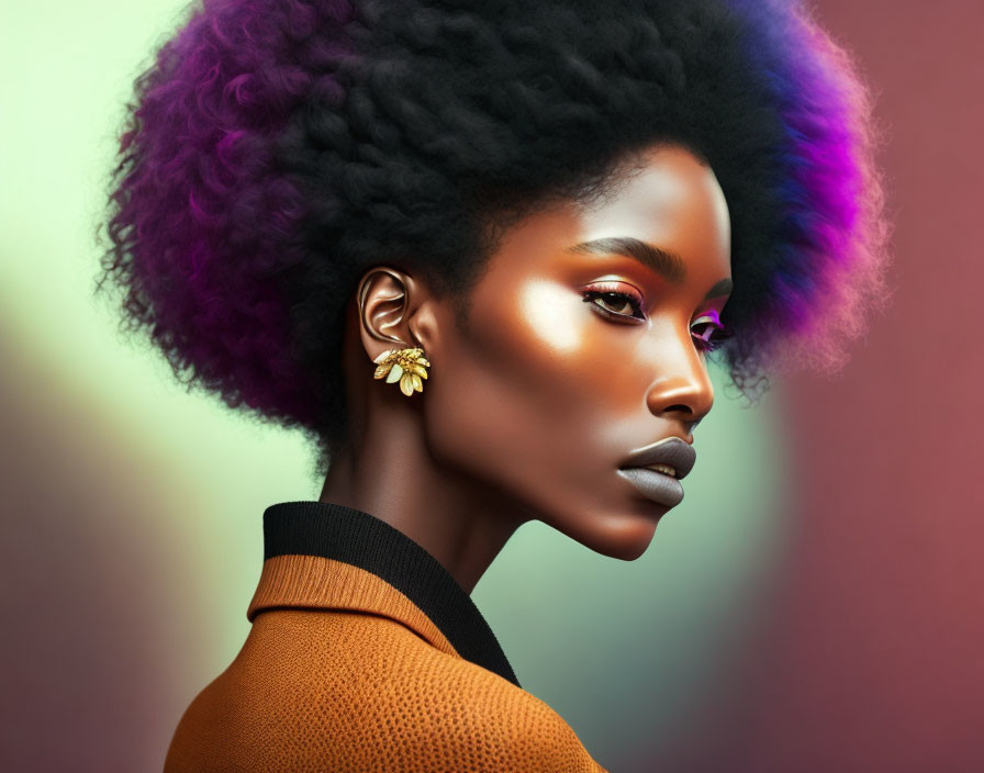 Vibrant purple-tinted afro woman with striking makeup and golden earring poses against colorful