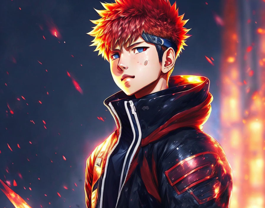 Anime-style character with spiky red hair, serious expression, black and red jacket, and floating