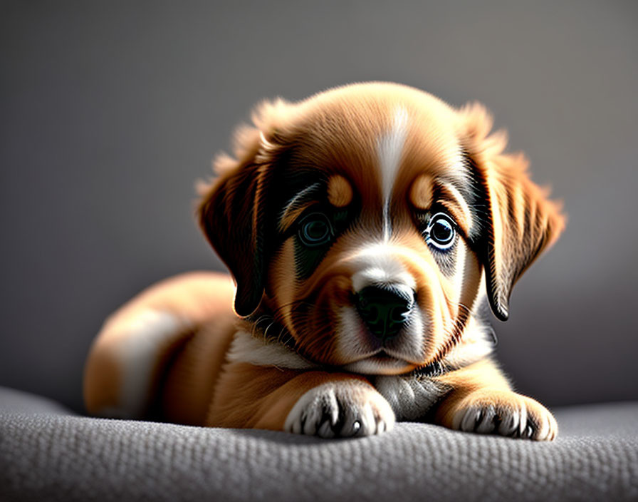 Adorable brown and white puppy with soulful eyes on grey surface