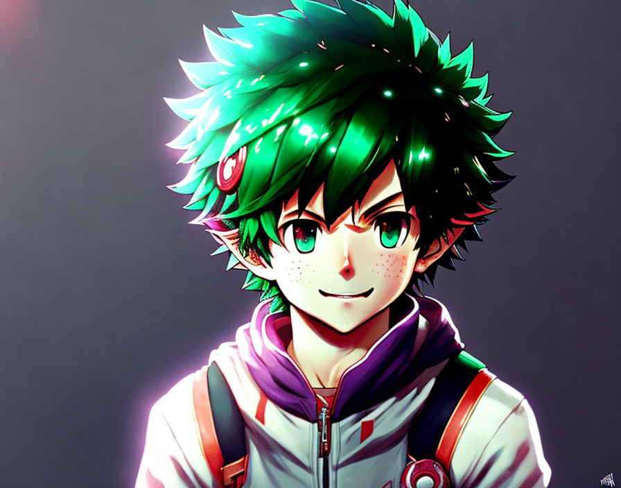 Spiky Green-Haired Animated Character in Red-and-White Jacket