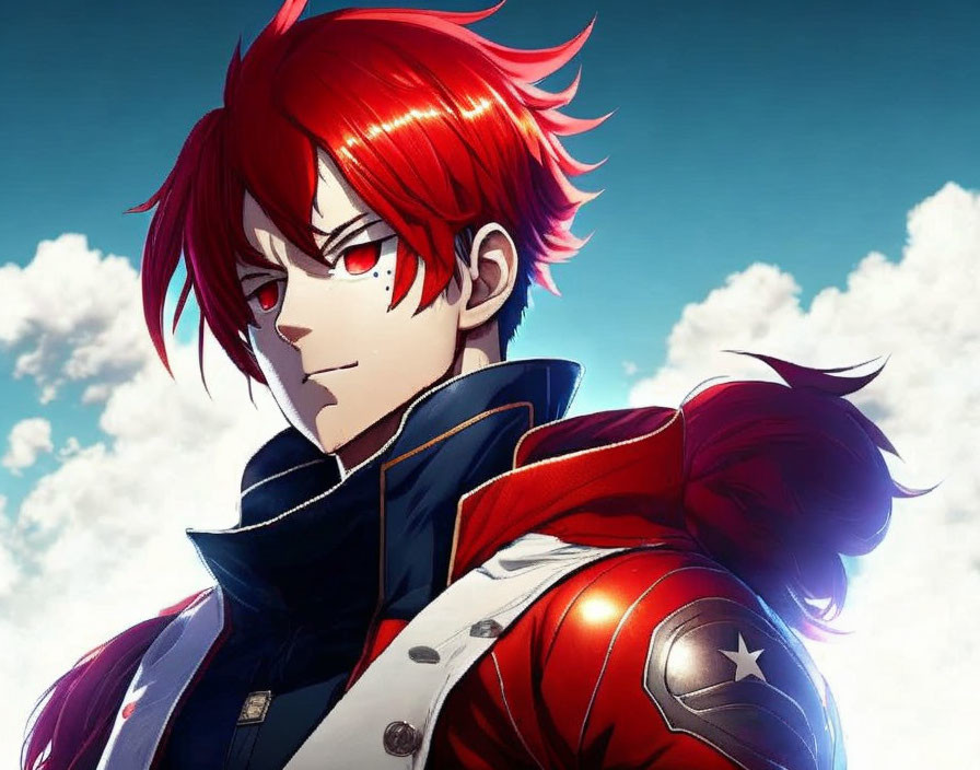 Red-haired anime character in blue and red armor against cloudy sky.